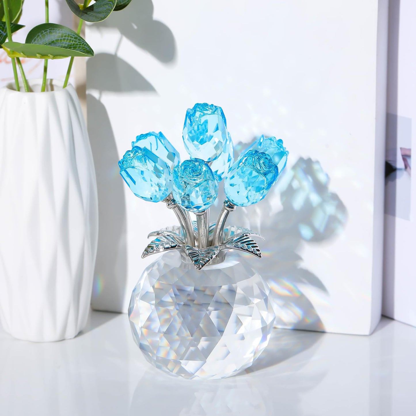 Arikyrist Crystal Lake Blue Rose Bouquet Figurine with Round Vase Gifts for Her, Glass Rose Flower Romantic Keepsakes for Women Mom on Christmas, Collectible Decoration Table Centerpiece for Home