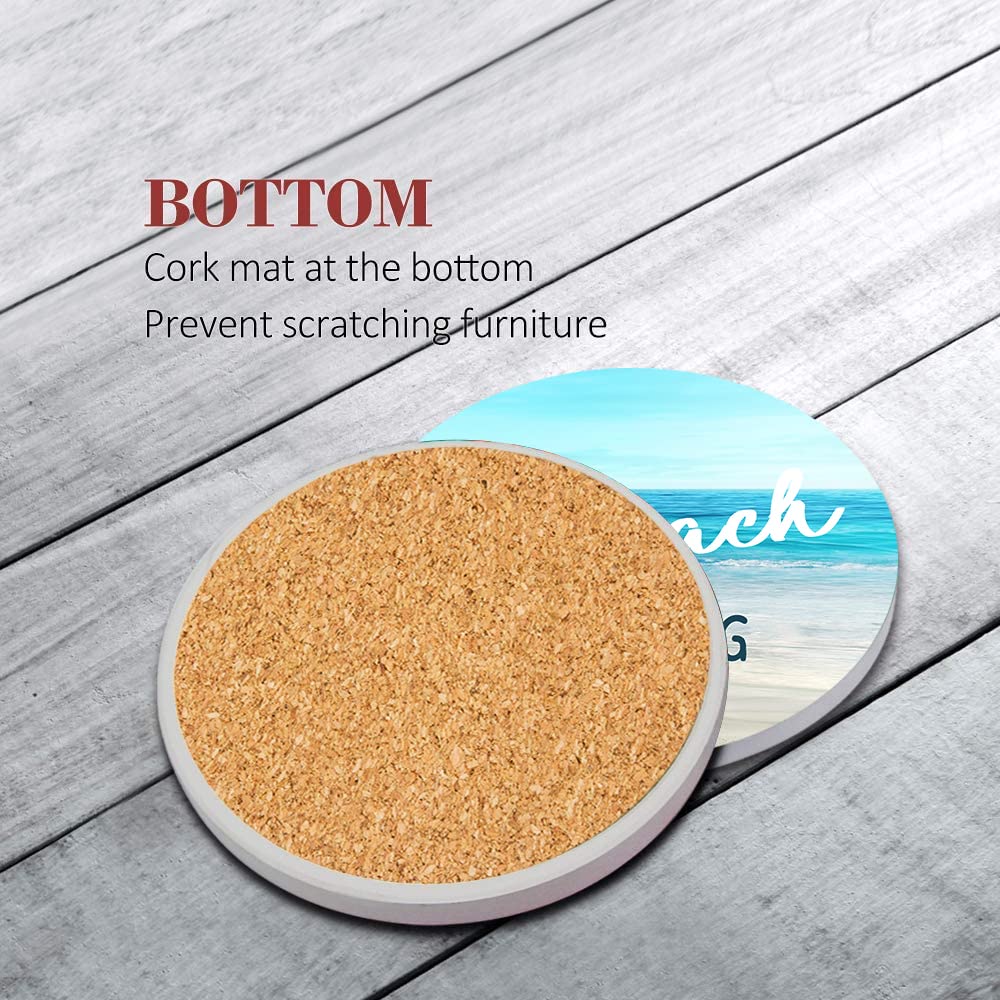 Britimes Coaster for Drinks Set of 6, Beach Shell Antique Teal Blue Table Absorbent Round Ceramic Stone Mat, with Cork Base and Metal Holder, Gift for Housewarming Room Bar Decor