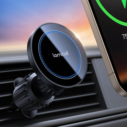 Lamicall for Magsafe Car Mount Charger - [15W Top Charging] Magnetic Wireless Car Charger with 20x N52 Magnets, Hands Free Air Vent Phone Holder Cradle for iPhone 17 16 15 14 13 12 Series - Black