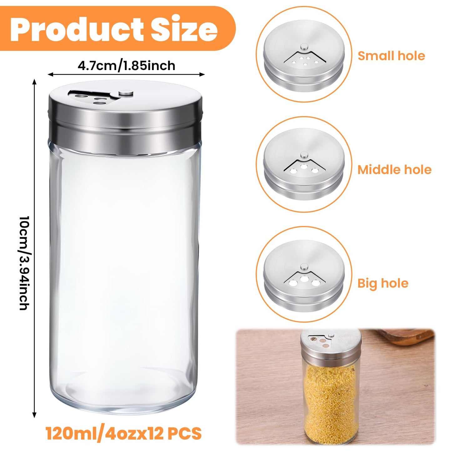 12-Pack 4 oz Salt and Pepper Shakers with Adjustable Pour Holes – Glass Spice Jars with Stainless Steel Lids – Clear Seasoning Containers for Kitchen, Dining, and Camping (1.85” x 3.94”)