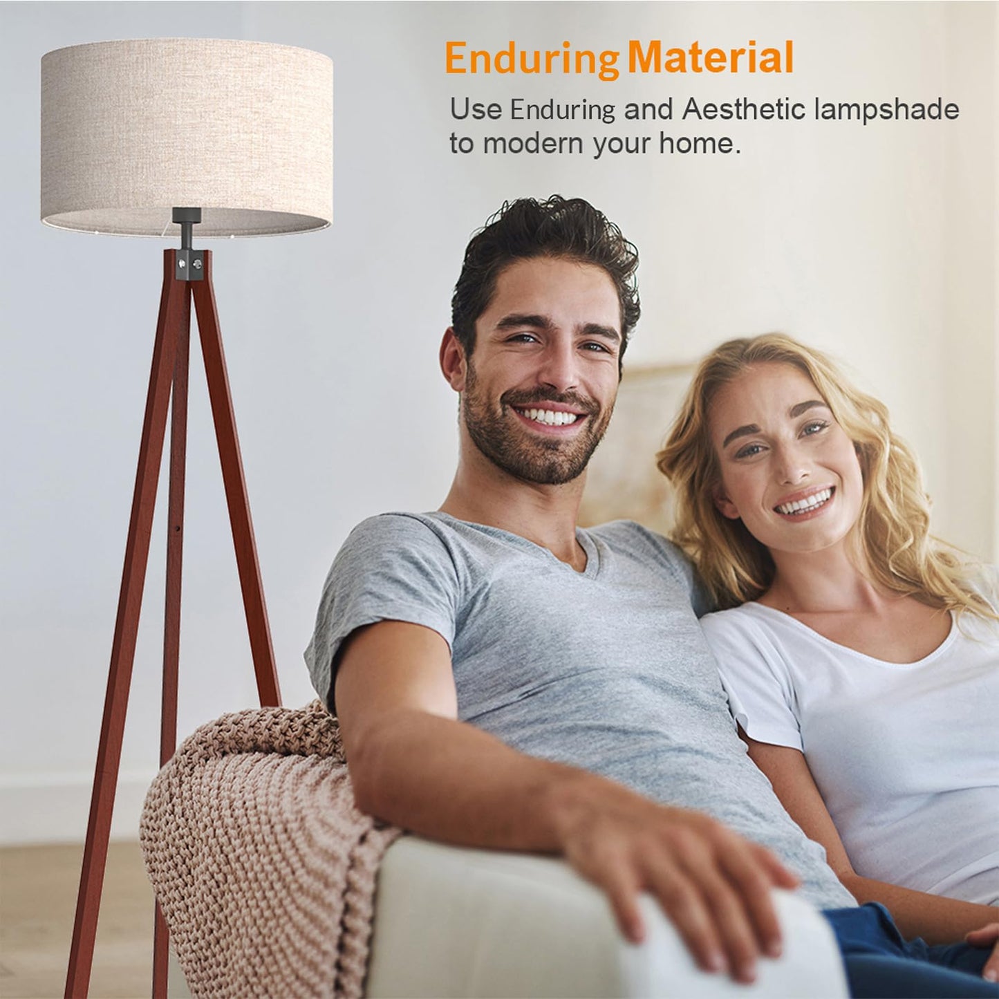 LEPOWER Wood Tripod Floor Lamp, Mid Century Standing Lamp, Modern Design Studying Light for Living Room, Bedroom, Study and Office, Flaxen Linen Shade with E26 Base Brown