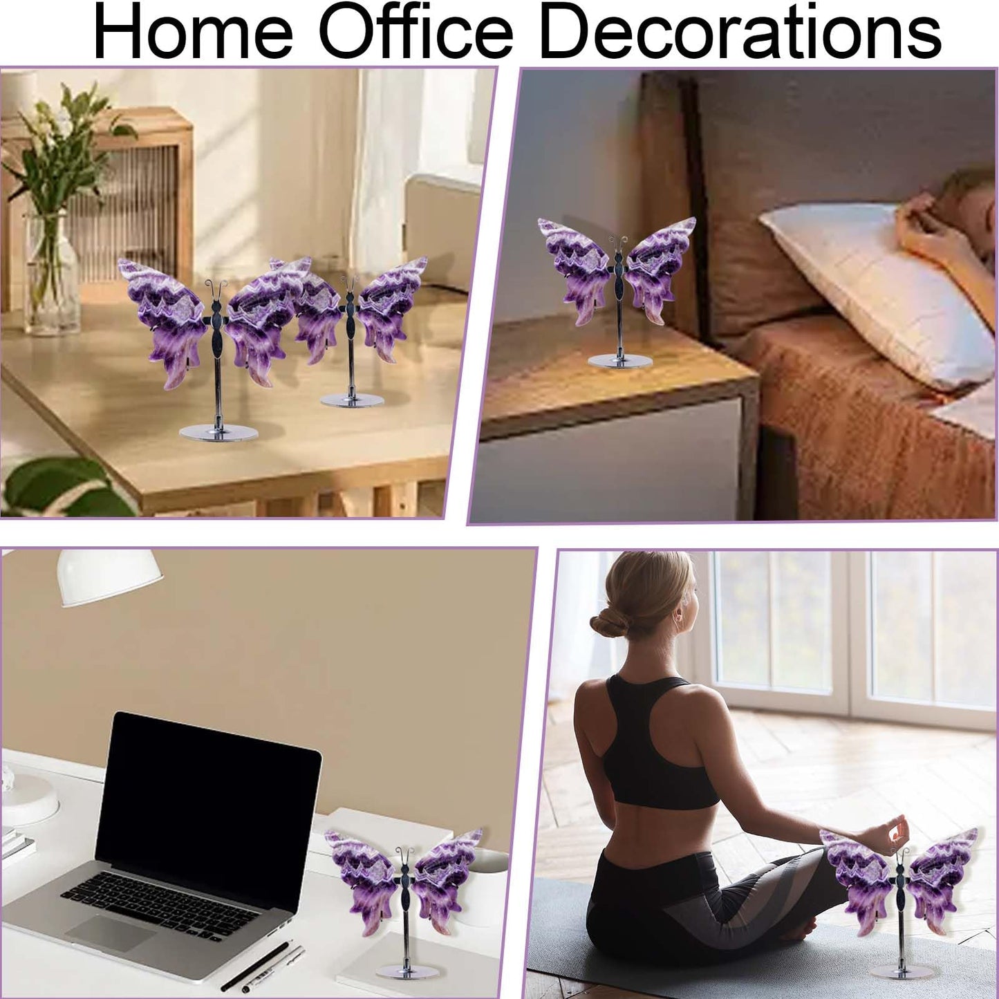 Natural Crystal Butterfly Statue Genuine Crystal Figurine Ornament, Amethyst Agate Wings, Home Office Tabletop Decor (Amethyst)