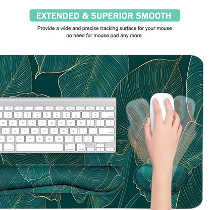 Ergonomic Large Mouse Pad and Keyboard Wrist Rest, Desk Pad for Keyboard and Mouse, 4-in-1 Large Gaming Mouse Pad with Wrist Support for Home Office Study Game-Green Leaves