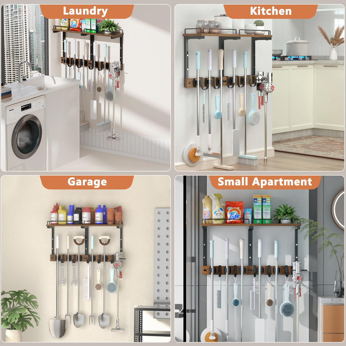 Casremee Mop Holder Wall Mount with Cleaning Supplies Organizer, Wood Mop and Broom Hanger Rack Organizer with Anti-Fall Wall Shelf with 5 Clips & Hooks for Garage Laundry Room Kitchen (Dark)