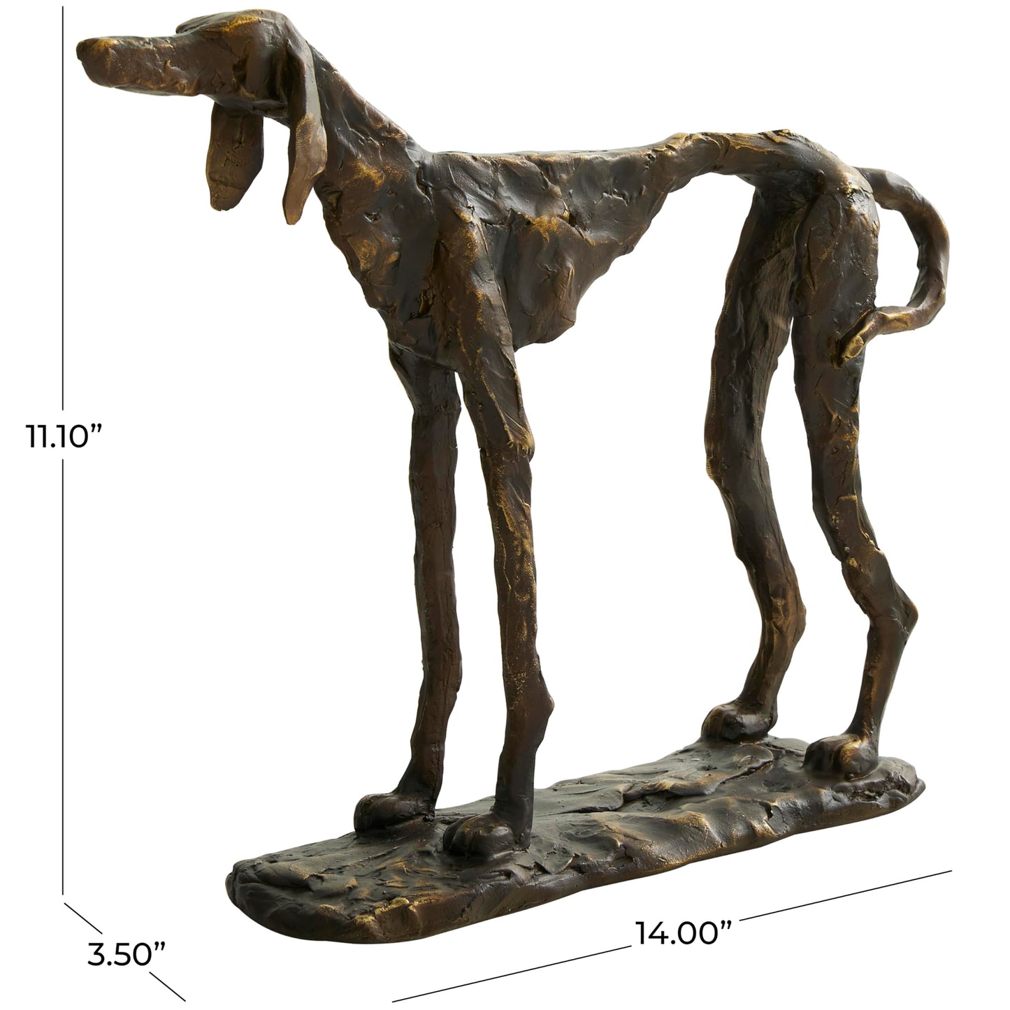 Deco 79 Polystone Dog Decorative Sculpture Distressed Slim Frame Home Decor Statue with Gold Accents, Accent Figurine 14" x 4" x 11", Bronze
