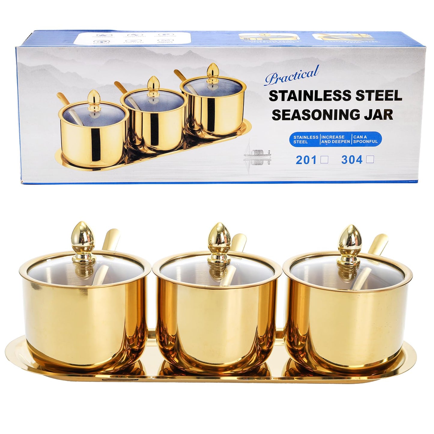 Hedume Set of 3 Grids 304 Stainless Steel Seasoning Containers with Glass Lid Spoon and Tray, 11 oz Gold Condiment Jar Spice Container, Condiment Canisters Pots for Serving Sugar, Pepper, Salt, Candy