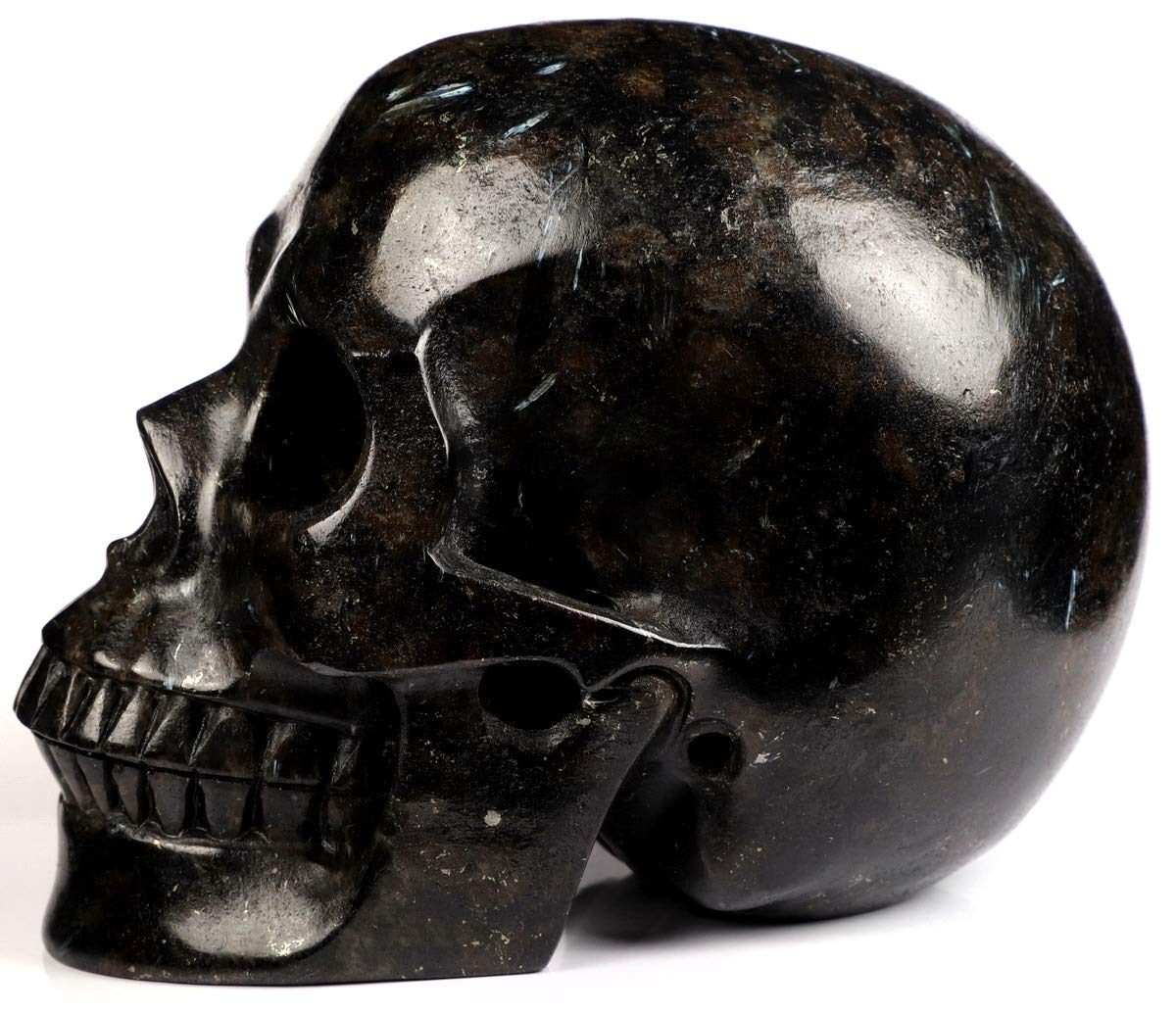 Skullis 5.0" Russian Arfvedsonite Crystal Skull, Hand Carved Gemstone Fine Art Sculpture, Reiki Healing Stone Statue.
