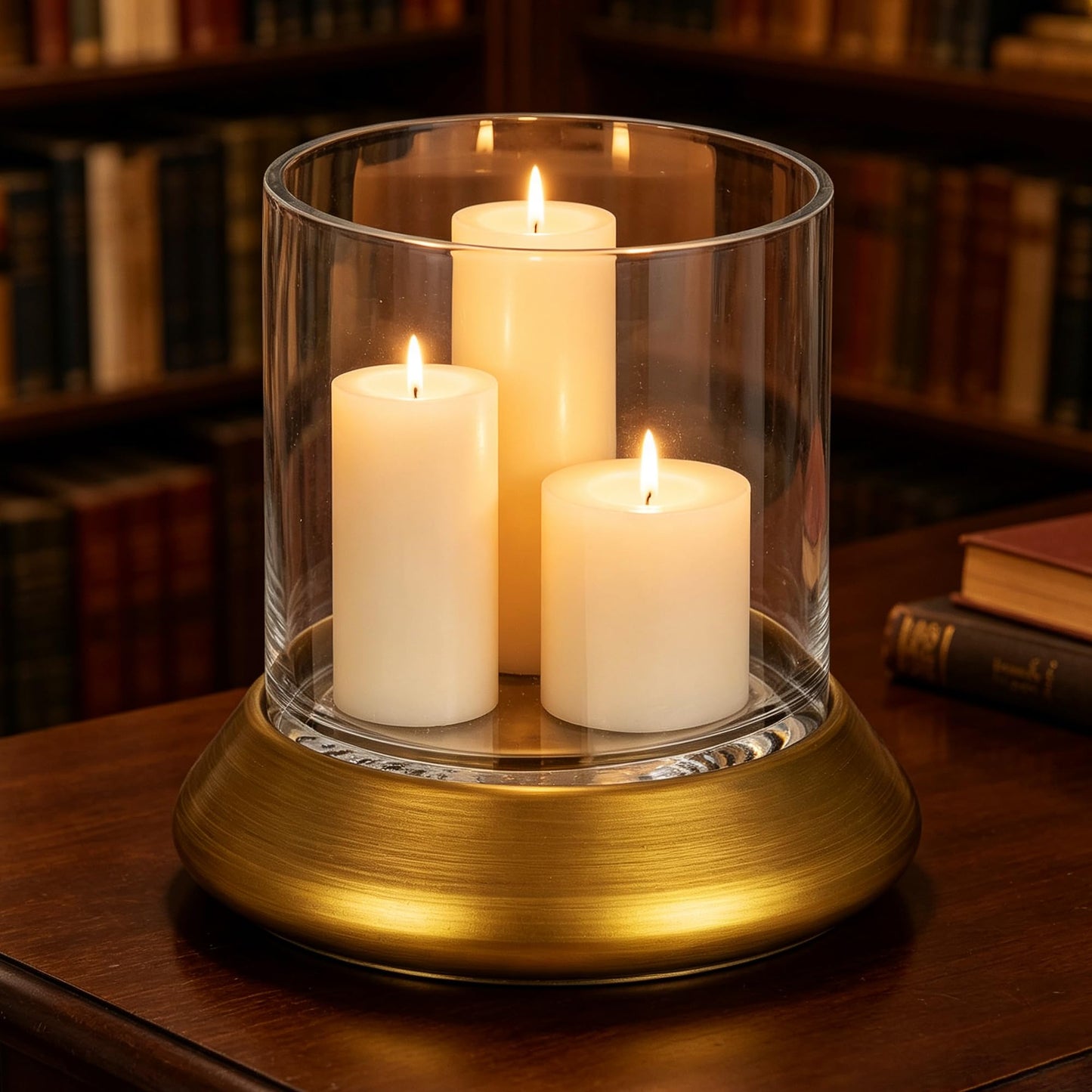 10.5" Farmhouse Glass Hurricane Candle Holder & Glass Vase with Metal Base in Antique Brass for Pillar & Flower Arrangement, Candlestick Holder, Terrarium, Centerpiece, Console, Dining Table, Mantel