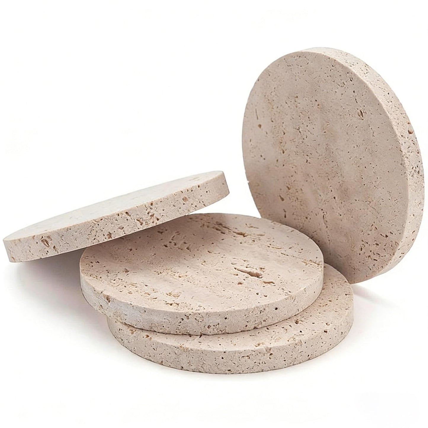 Huazzzyi Beige Travertine Coasters Set of 4 – Natural Absorbent Round Stone Coasters with Storage Rack, Handmade Marble Coasters for Coffee Bar, Dining Table, Housewarming Gift