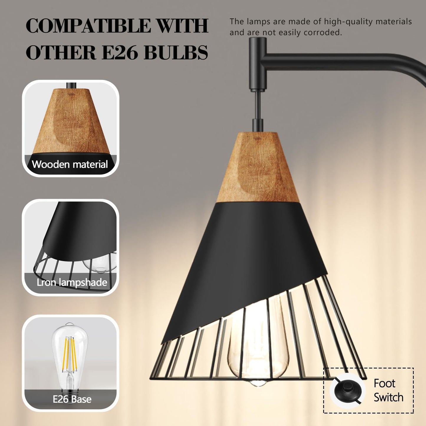 Alrryo 67" Industrial Floor Lamp with Wood & Black Metal Shade, Modern Standing Lamp, Rustic Farmhouse Tall Lamp for Living Room Bedroom Office, 2700K Bulb & Foot Switch Included (Black)