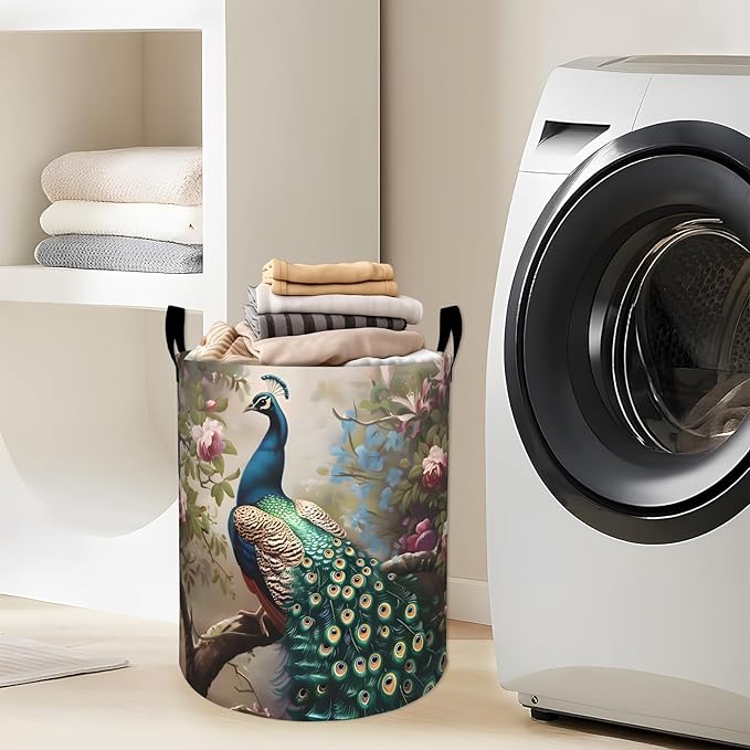 Majestic Peacock Among Blossoming Flowers Laundry Basket