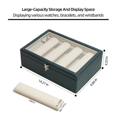 OrizeGe Jewelry Box with Glass Lid Bracelet Holder PU Leather for 4 Rods Beige Velvet Watch Case for Women