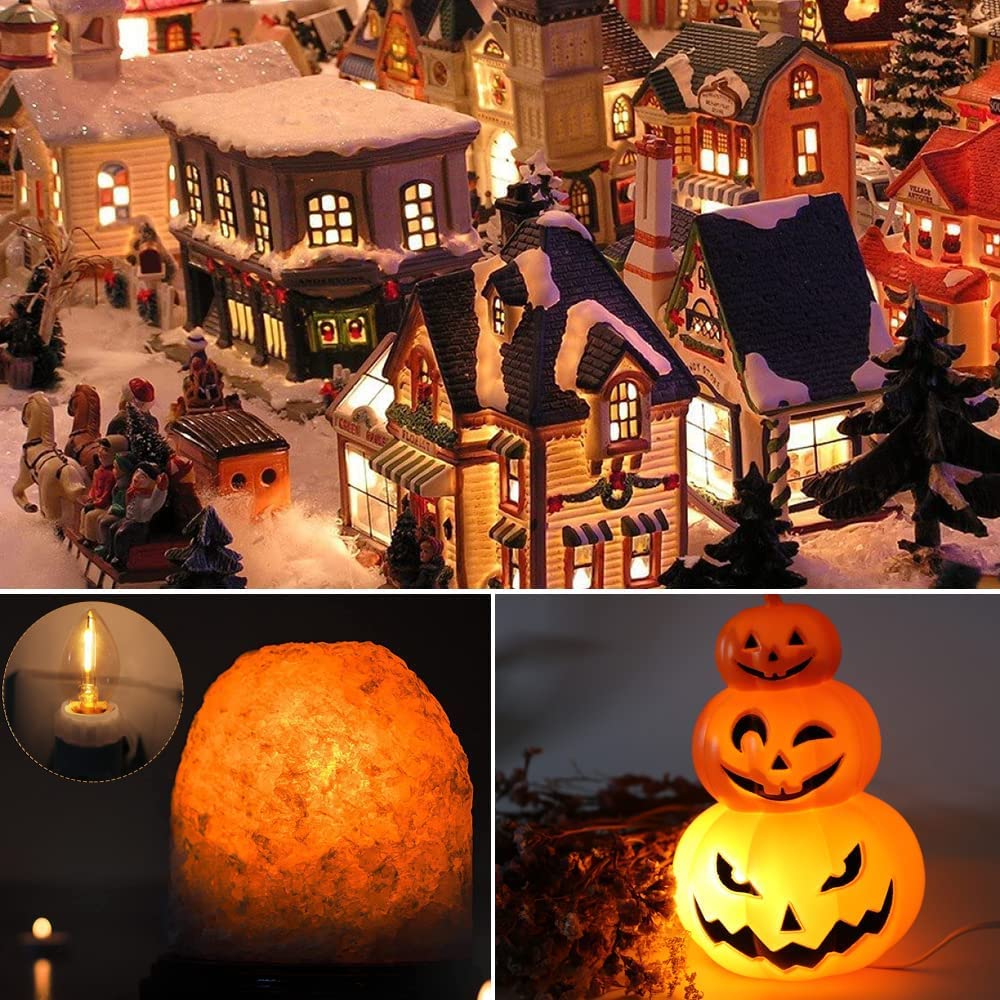 KGC C7 Accessory Cord with 2 C7 Led Light Bulb Candelabra-Base E12 Socket, White Cord with On/Off Switch Plugs for Holiday Decorations, Christmas Village House, Pumpkin Lights