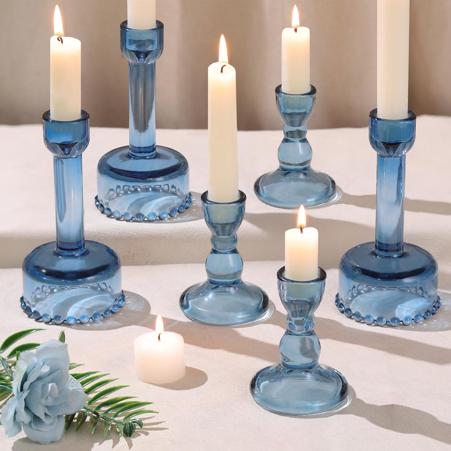 Lanttu Glass Candlestick Holders Set of 6 Blue Taper Candle Holder Bulk Crystal Candle Holders for Wedding, Table Centerpiece, Home Decoration