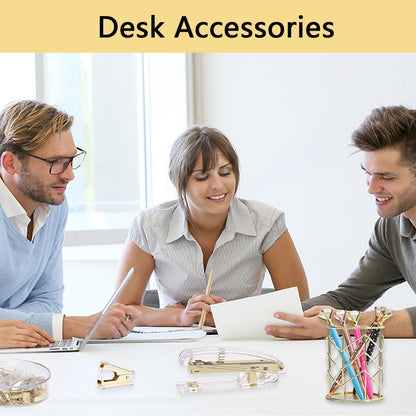 suniya Office Supplies,Gold Desk Accessories,with Stapler,Tape Dispenser,Pen Holder,Scissors,Phone Stand,Staple Remover,Ballpoint Pen,Clear Tape, Staples,Ruler,Clips,Best Gift for Business or Boss
