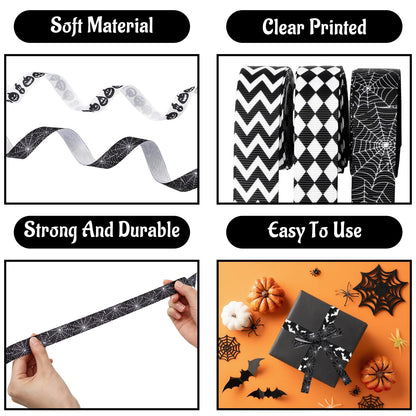 Whaline 6 Rolls Halloween Wired Edge Ribbon Spiderweb Ghost Pumpkin Fabric Ribbon Black White Wrapping Ribbons for DIY Crafts Wreath Bow Making Supplies, 30 Yard