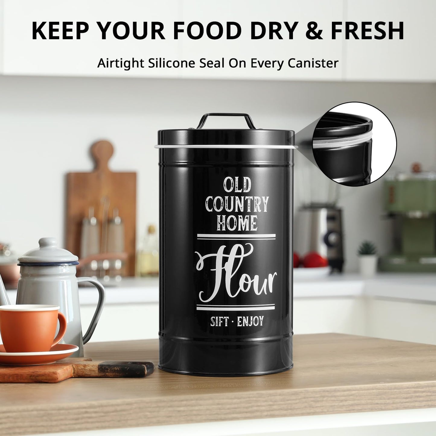 Bivvclaz Canisters Sets for the Kitchen, Airtight Kitchen Canisters for Countertop, Flour and Sugar Containers, Tea Coffee Sugar Canister Set, Coffee Bar Decor and Accessories, Set of 4, Black