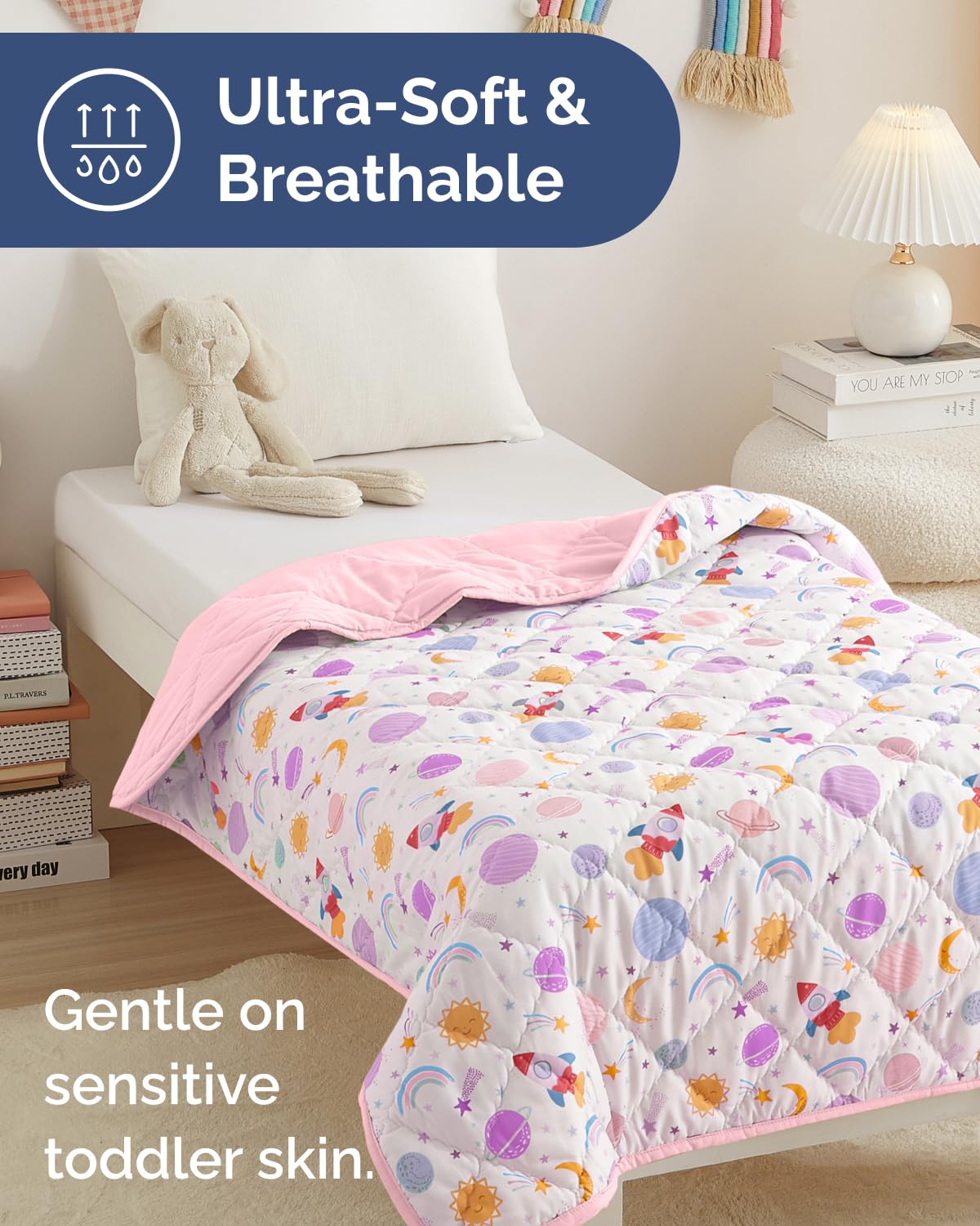 Space Girl Toddler Comforter - Down Alternative Toddler Microfiber Comforter - Lightweight & Warm Baby Quilt Blanket - Soft & Breathable - Kids Duvet Insert Crib & Stroller - Machine Washable - 39x47