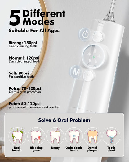 Water Flosser Teeth Pick: 300ML & LED Display 5 Modes Rechargeable Dental Flossers for Braces,Sensitive Gums, Portable Flossing for Teeth Cleaning, IPX7 Waterproof Cordless for Home Travel Use