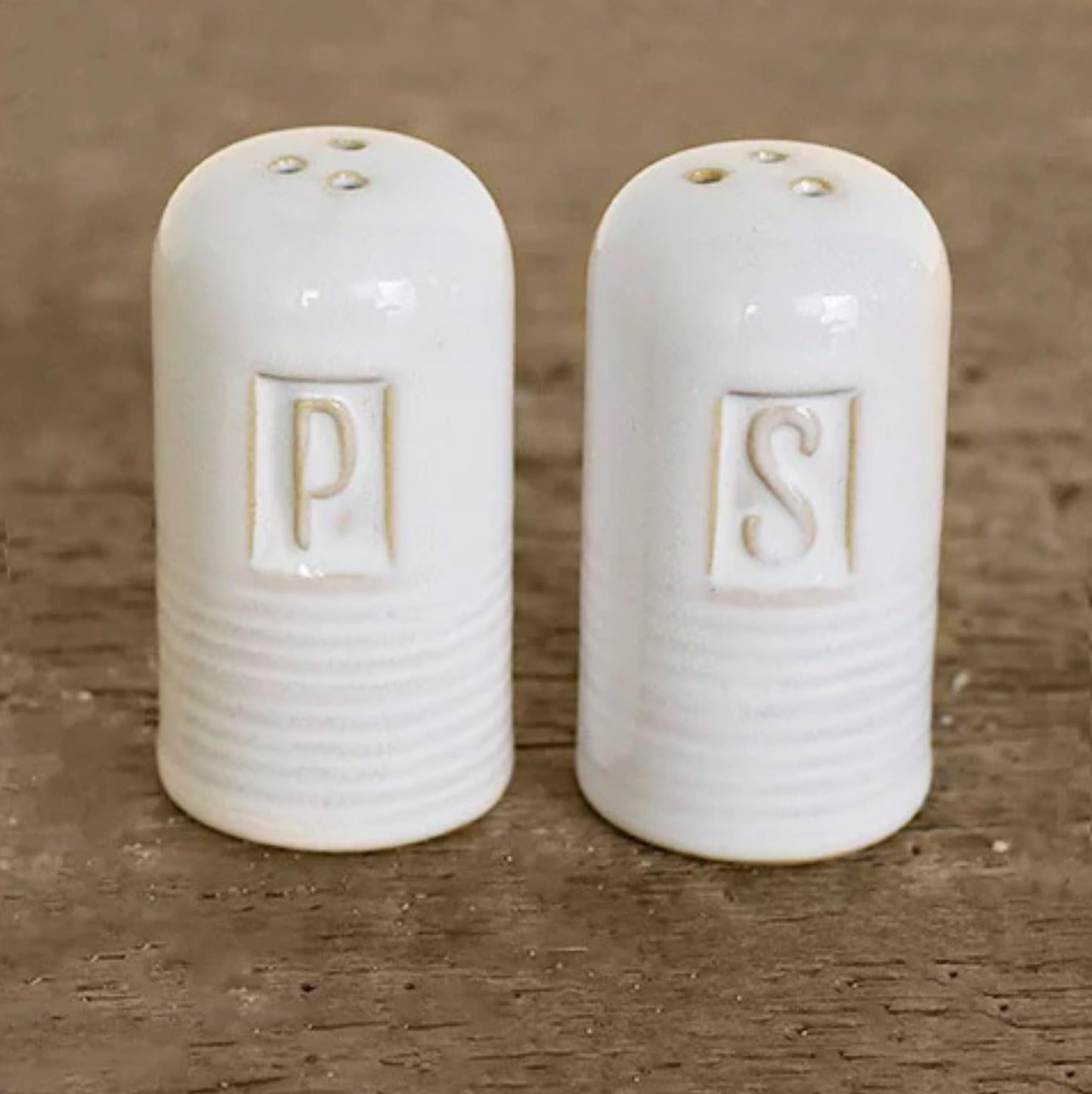 100 North S and P Ribbed Stamped Design, Antique White 3 x 1.6 Inches Glazed Ceramic Salt-N-Pepper Shaker Set