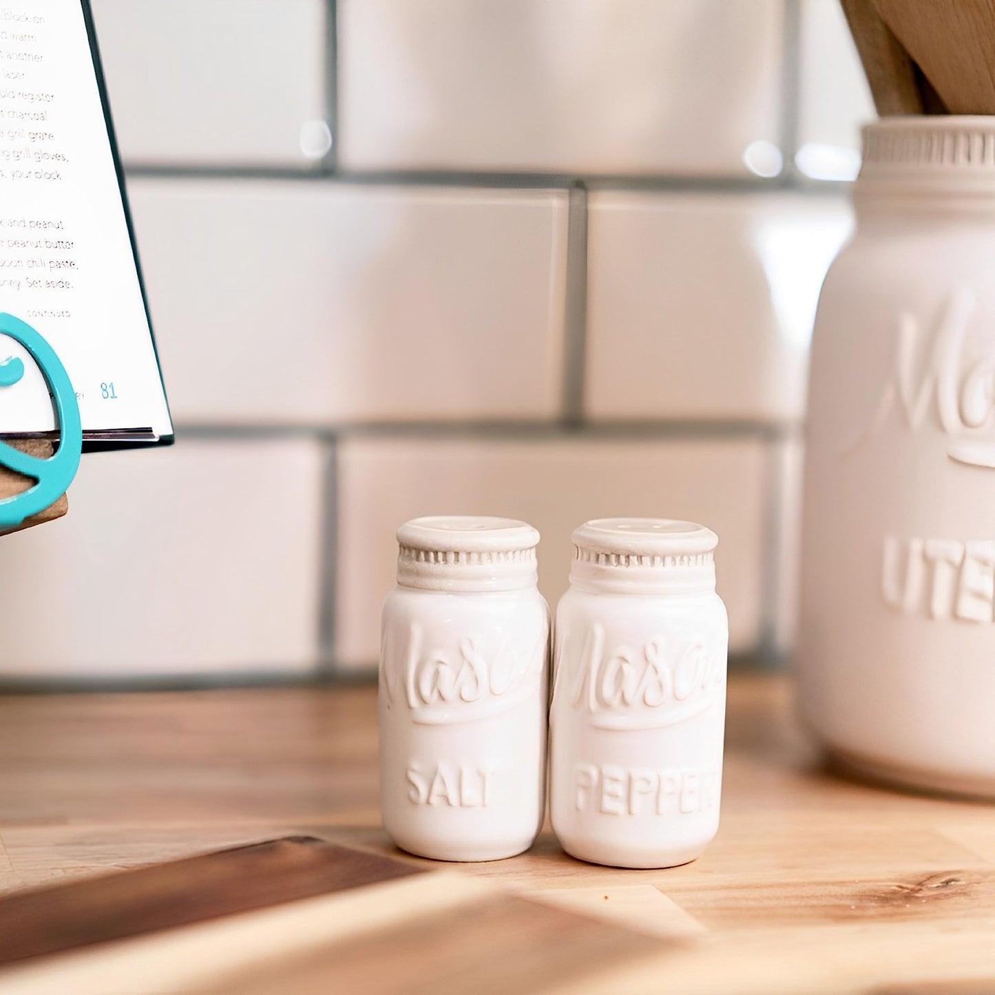 Farmhouse Canisters Sets for the Kitchen - Mason Jar Ceramic Kitchen Utensil Holder, Spoon Rest, Cute Cookie Jar, Salt & Pepper Shaker Sets, Sponge Holder, Measuring Cups & Spoons (White,17-Pc Bundle)