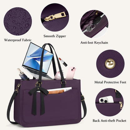 RAINSMORE Laptop Bag for Women 15.6 Inch Work Tote Bags Leather Laptop Tote Waterproof Computer Bag Professional Office Briefcase Large Handbag for College Teacher Travel,Purple and Black