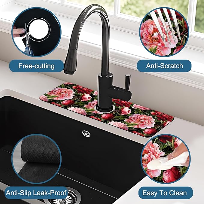 Blooming Peony Kitchen Sink Splash Guard Faucet Mat Pink Peony Flowers Super