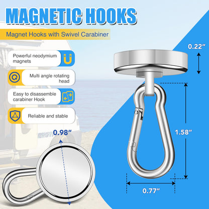 VSKIZ Magnetic Hooks,70Lbs Heavy Duty Magnetic Hooks with Swivel Carabiner for Cruise Cabins,6 Pack Extral Strong Neodymium Magnet Hooks Metal Magnetic Hanger for Toolbox, Grill, Fridge-25MM