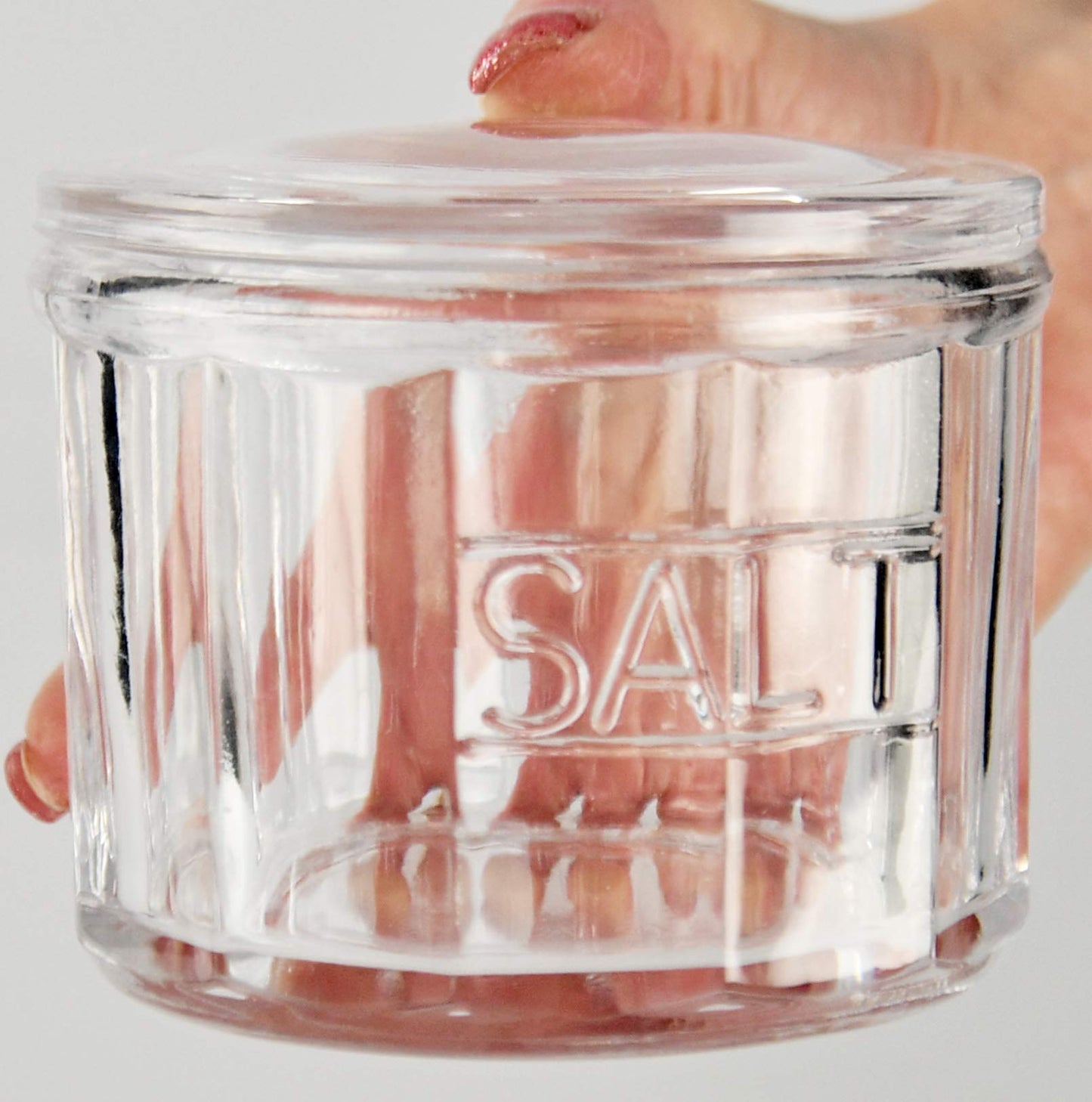 HOME-X Depression Style Clear Glass Salt Cellar with Lid, Retro Kitchen Decor, Wedding Gift - 3 1/2" H x 4" D