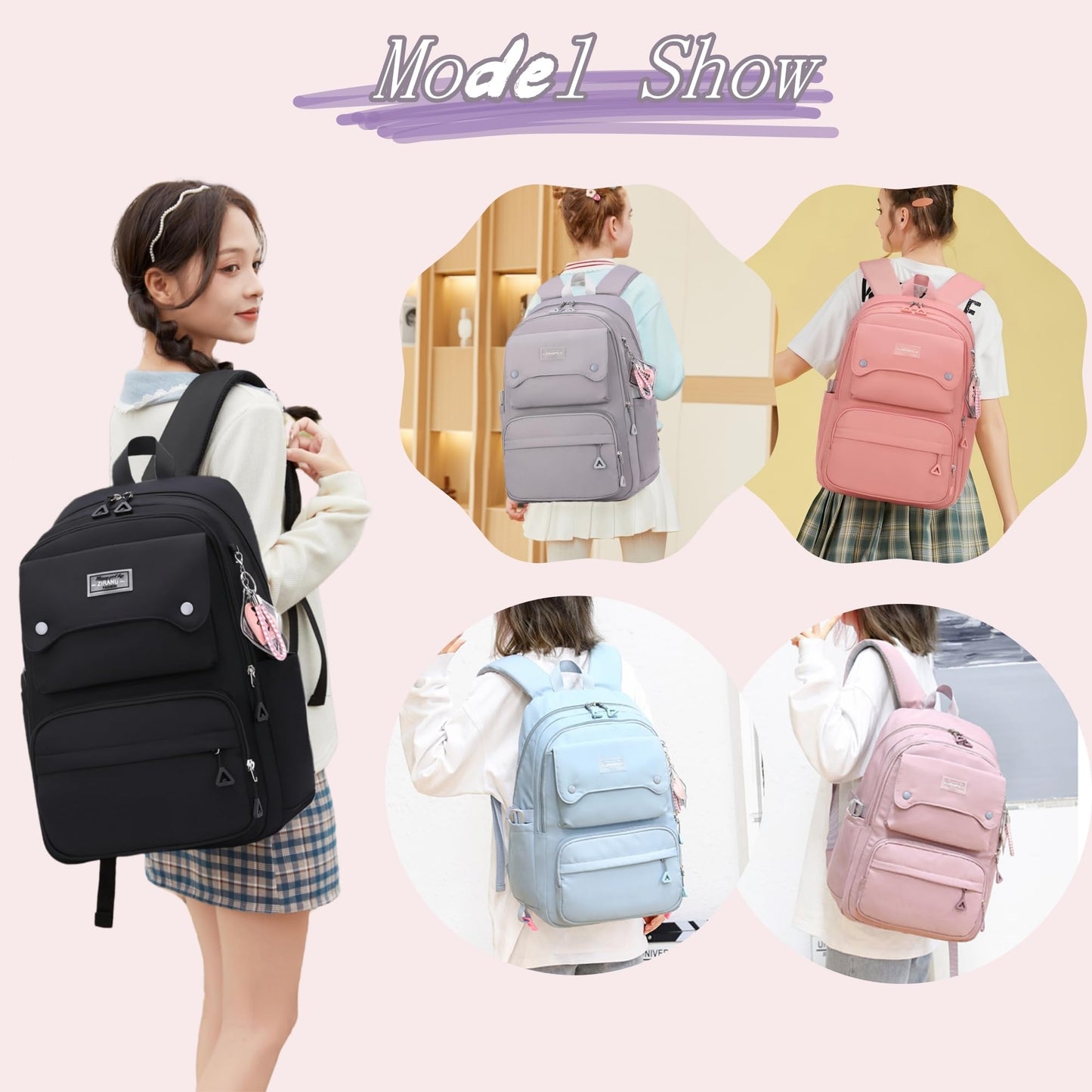 Solid Color School-Bags Backpacks for Teens Girls, Multi-pocket Elementary Girls Bookbags,Lightweight Casual Daypack