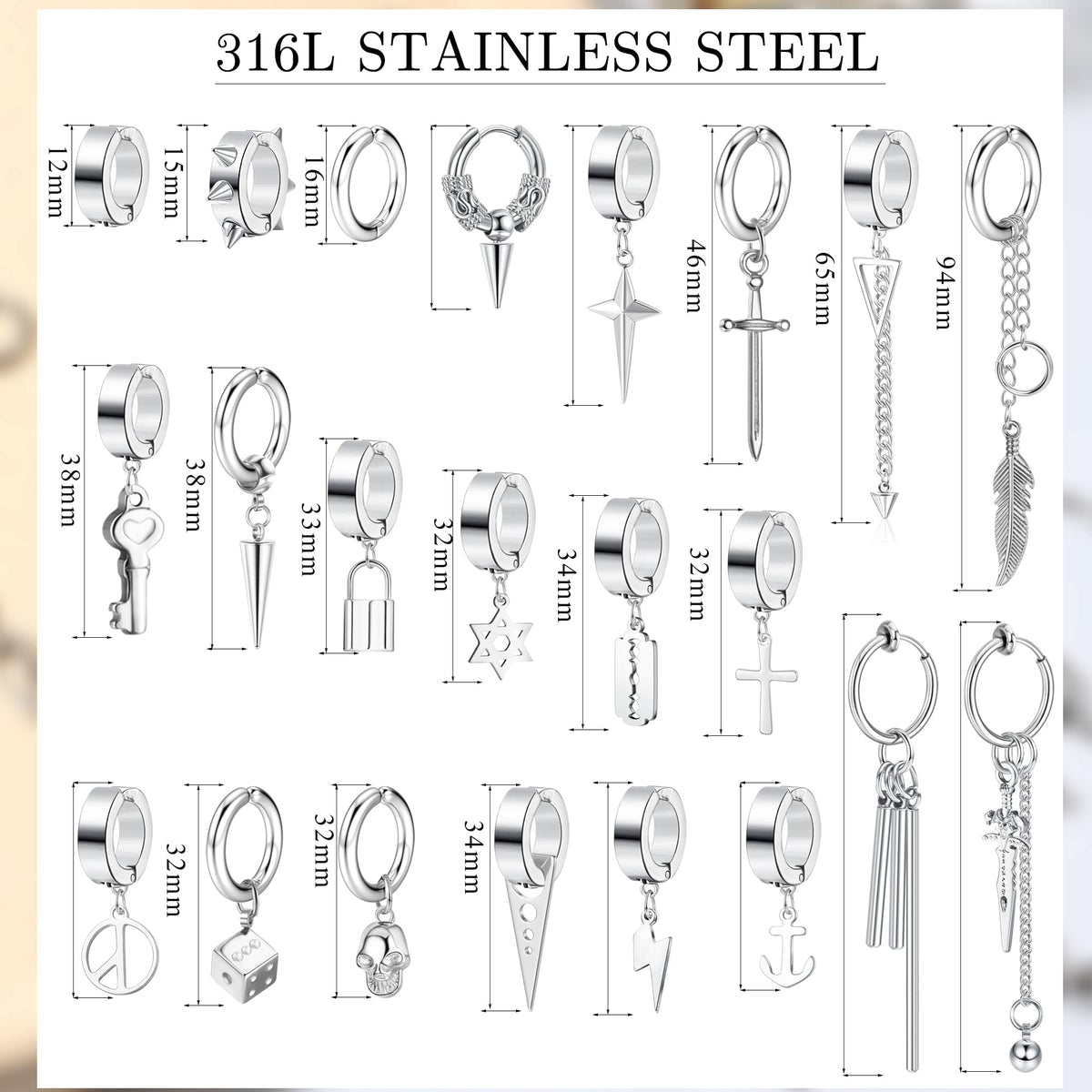 Thunaraz 25 Pcs Clip-on Earrings - Stainless Steel Cross, Chain, Dangle, Black Fake Earrings for Men & Women - Non-Pierced Huggie Hoop Set
