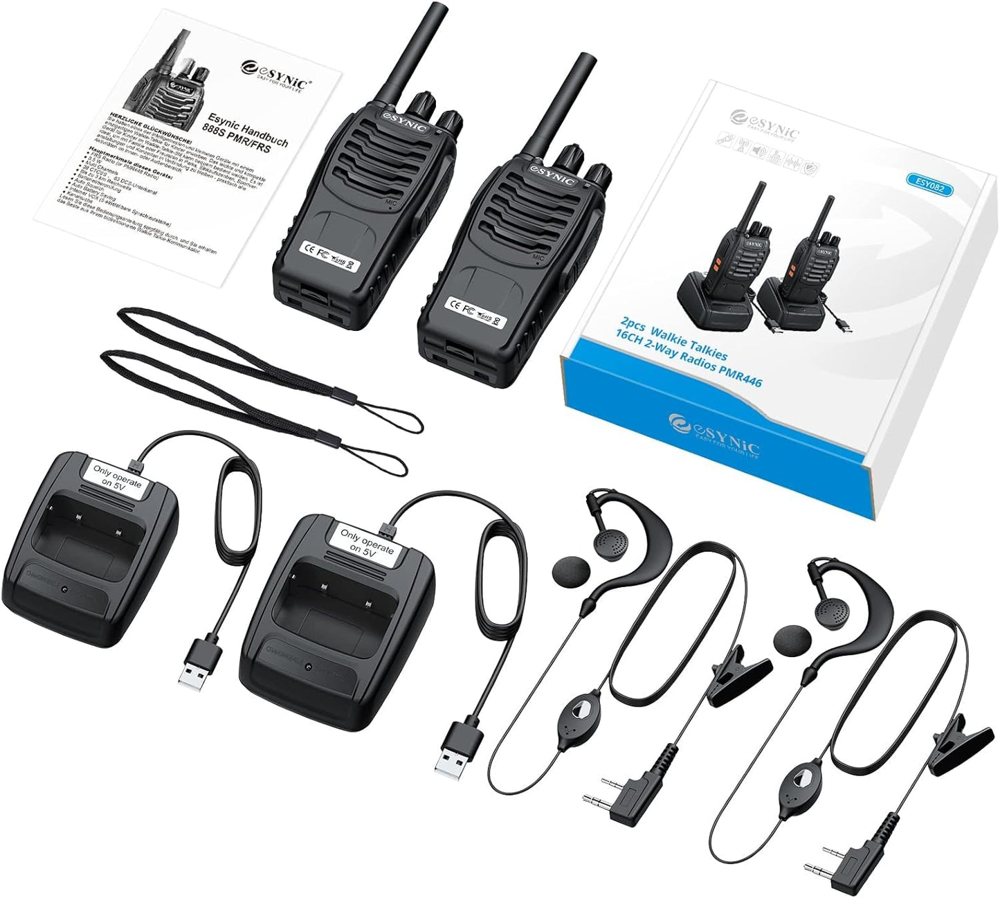 eSynic 2Pack Professional Walkie Talkies for Adults Rechargeable Walkie Talkies Best 16CH Walkie Talkie Hand Free VOX Two Way Radio With Earpieces& LED Lights Wonderful Gifts For Adults Kids etc