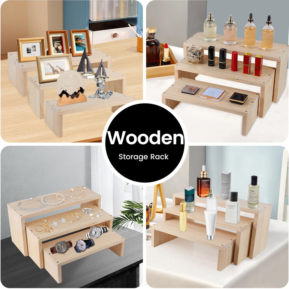 WIQARJ 3-Tier risers display stands, Wooden Retail Display Rack for retail Rustic Tabletop Display rack for cupcakes, collectibles,jewelry, perfum, Funko Pop Figures