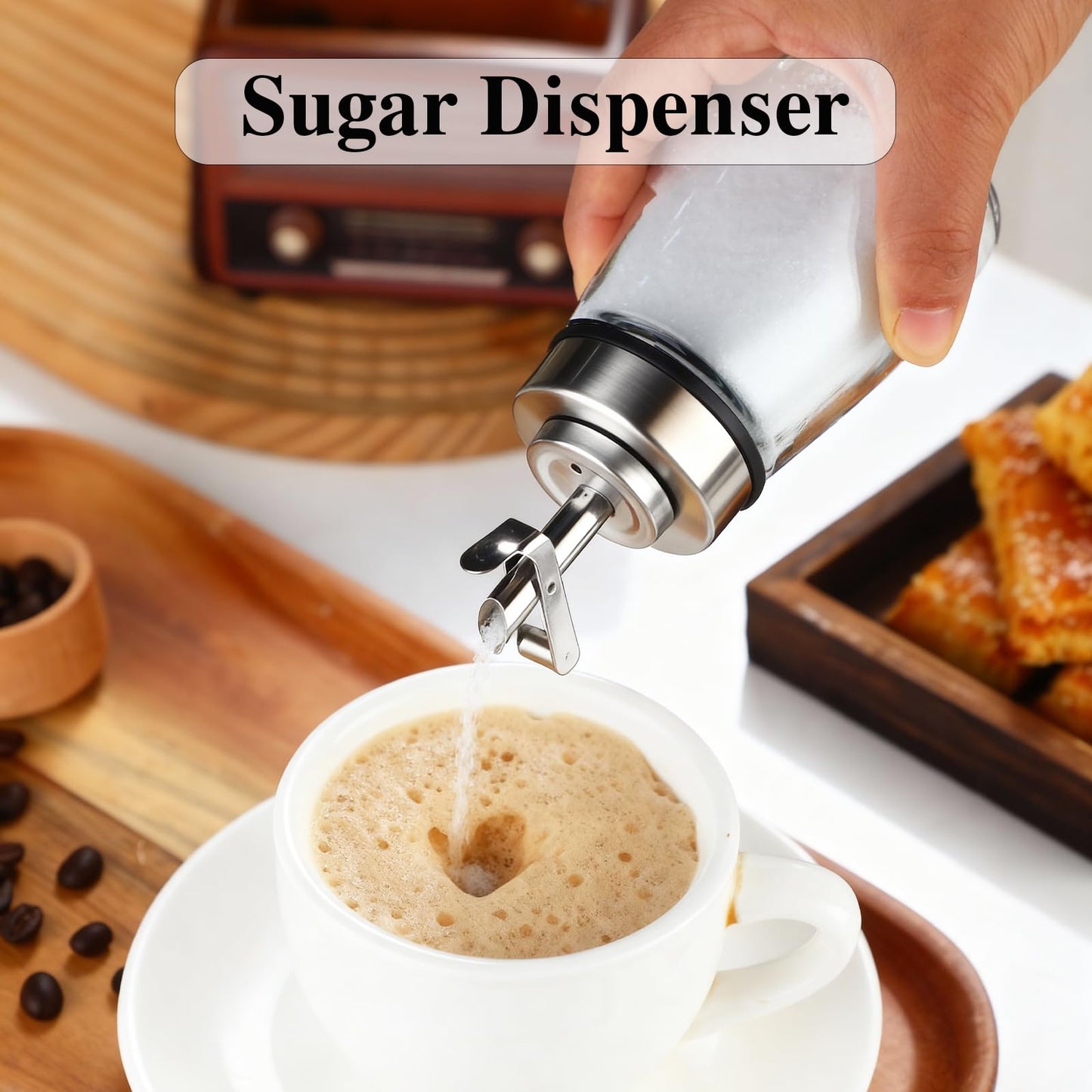 TIWPAJS 2-Pack Glass Sugar Dispenser with Stainless Steel Lid, Automatic Pour Spout, Sugar Container for Coffee Bar, Sugar Jar, Sugar Bowl, Salt Shaker, 6OZ