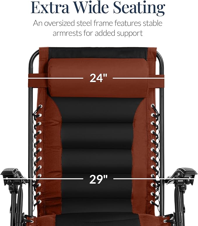 Best Choice Products Oversized Padded Zero Gravity Chair, Folding Outdoor Patio Recliner, XL Anti Gravity Lounger for Backyard w/Headrest, Cup Holder, Side Tray, Polyester Mesh - Rust/Black