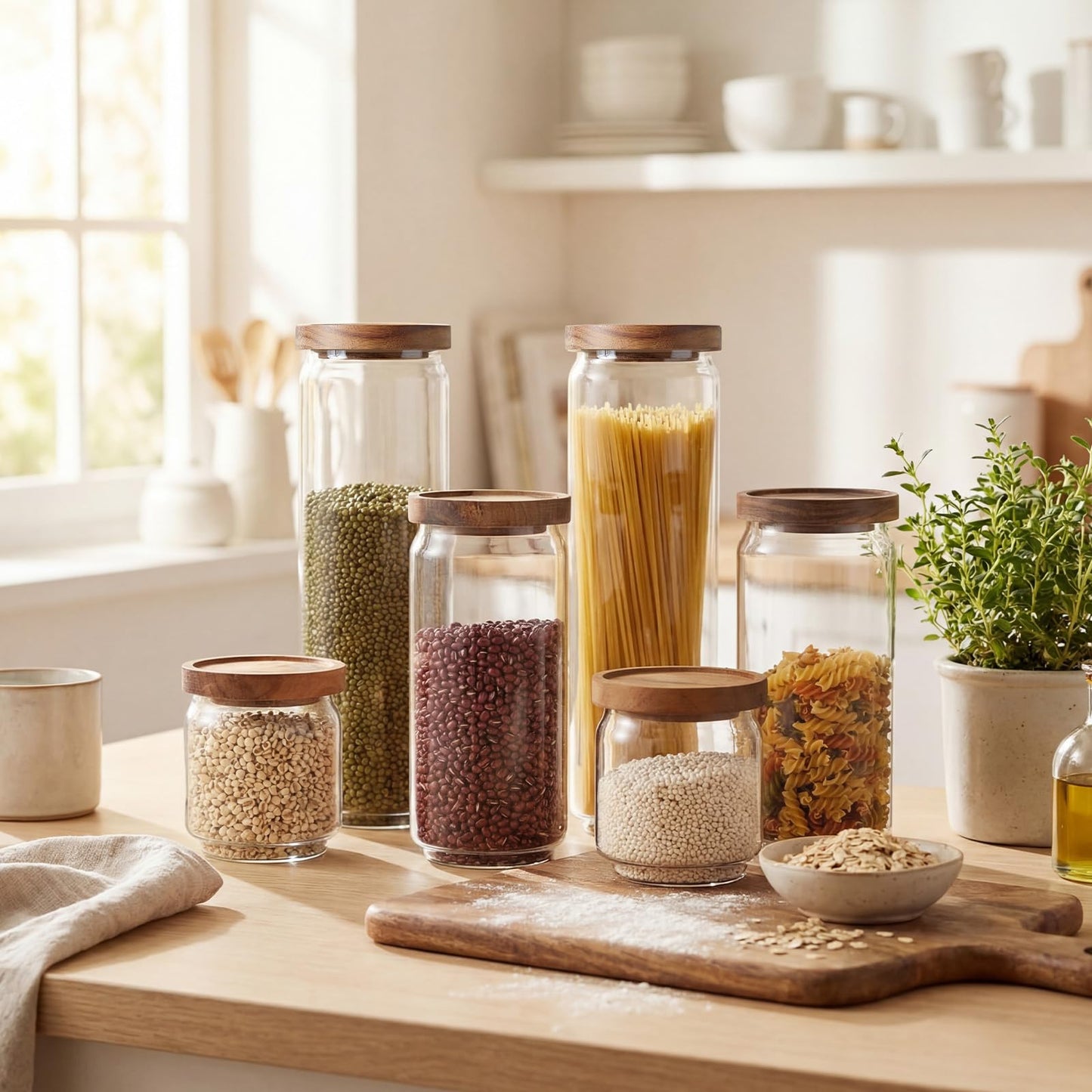 SiliFine 6 Set Glass Pantry Storage Jar with Acacia Airtight Lid 3 Size Glass Storage Container Jar for Pasta Spaghetti Cereal Coffee Bean Flour Sugar Rice, 17oz, 35oz, 53oz (Wood Lid)