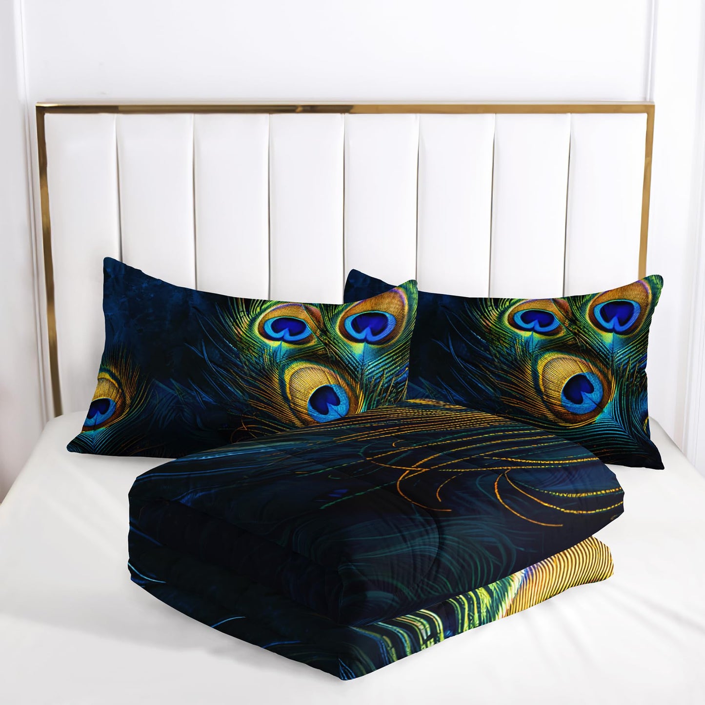 Tuzaovy Peacock Feather Queen Bedding Set - Boho Comforter for Girls, Bohemian Gothic Decor, Western Hippie Animal Print Black