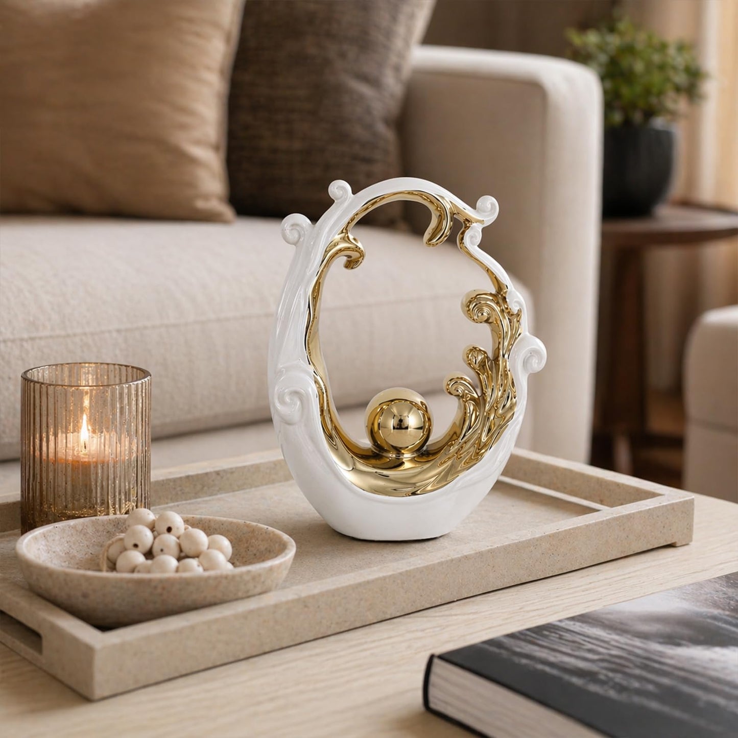 LINYTHER Abstract Ceramic Sculpture, White and Gold Modern Tabletop Statue Wave-Inspired, for Home Decor, Decorative Accent for Shelf, Mantel, Coffee Table, Console or Entryway