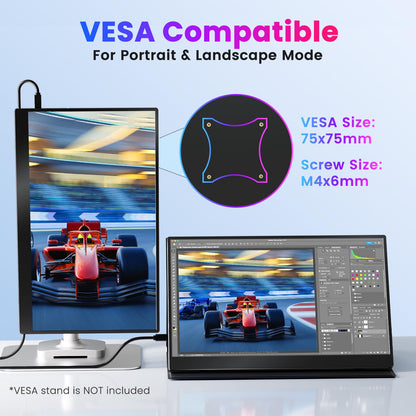 Portable Monitor 15.6" FHD 87% sRGB 60Hz IPS HDR HDMI USB-C Travel Monitor for Laptop MacBook PC Surface PS5 Xbox, External Display with Kickstand & Speakers, VESA Compatible