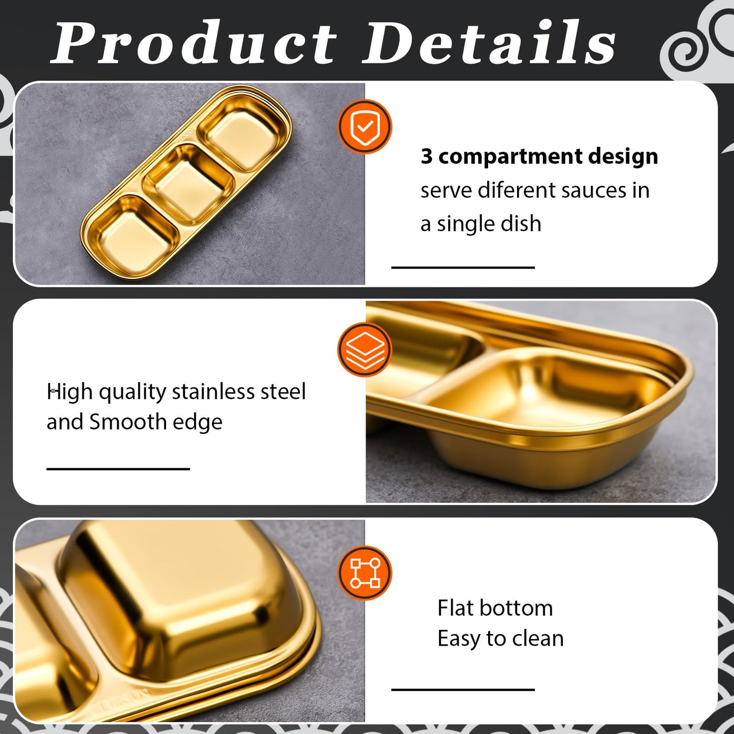 Maxcheck 12 Pcs Soy Sauce Dish Stainless Steel Divided Dip Bowls Korean 3 Compartment Sauce Plate Seasoning Dipping Condiment Tray for BBQ Vinegar Spice Salt Sugar Flavor Home Restaurant (Gold)