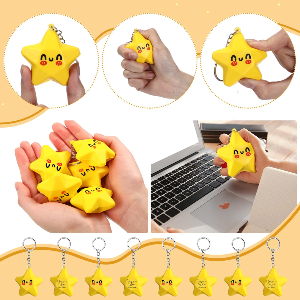 Wavwavw 36 Set Inspirational Gifts Star Keychain with You Are a Star Card Office Thank You Gift for Team Employee Coworkers (Yellow)
