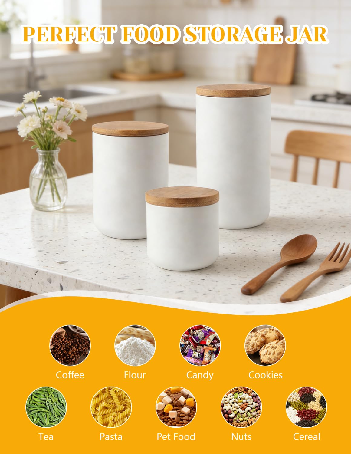 YYW Ceramics Food Storage Jar Canister with Airtight Seal Bamboo Lid, Simple Style Kitchen Canister for Food Storage, Store Coffee, Sugar, Tea, Spices and More (White (8.79oz/260ml))