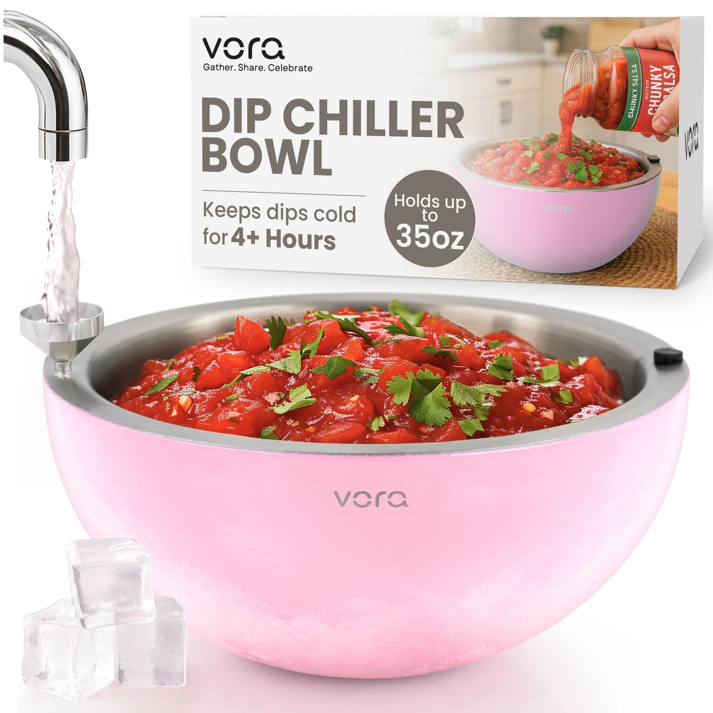 Vora 35oz Dip Chiller Bowl | 1 Pack Pink Stainless Steel Chilled Serving Bowl Keep Dips, Salads, and Appetizers Perfectly Cold with Leak-Resistant Ice Bowl for Effortless Hosting
