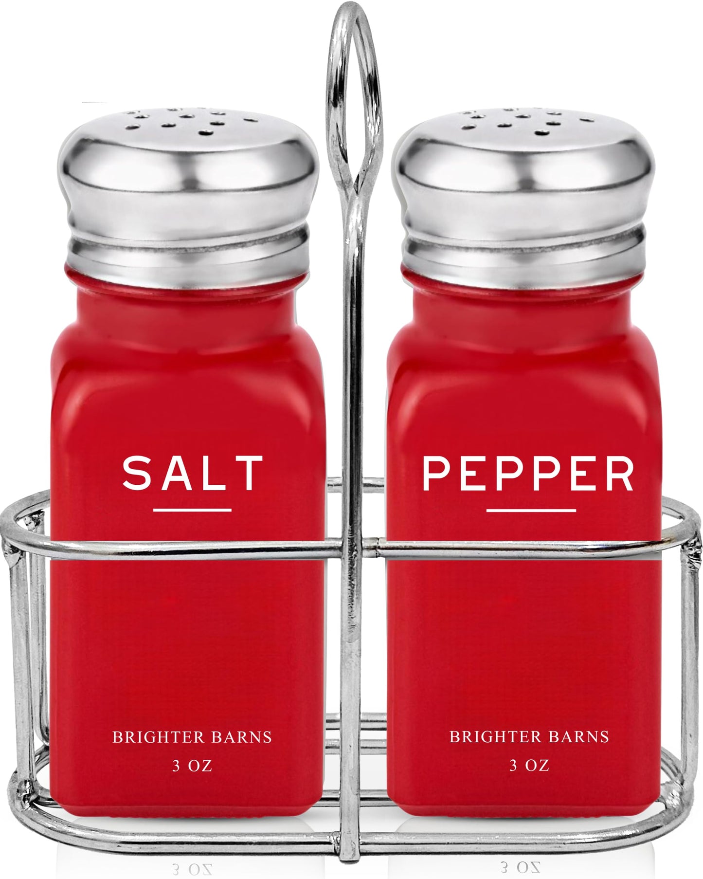 Red Salt and Pepper Shakers Set with Holder by Brighter Barns - Modern Kitchen Decor and Accessories, Dining Room Decor - Cute Salt Shaker with Caddy for Table Centerpiece, Restaurants, Gifts (Red)