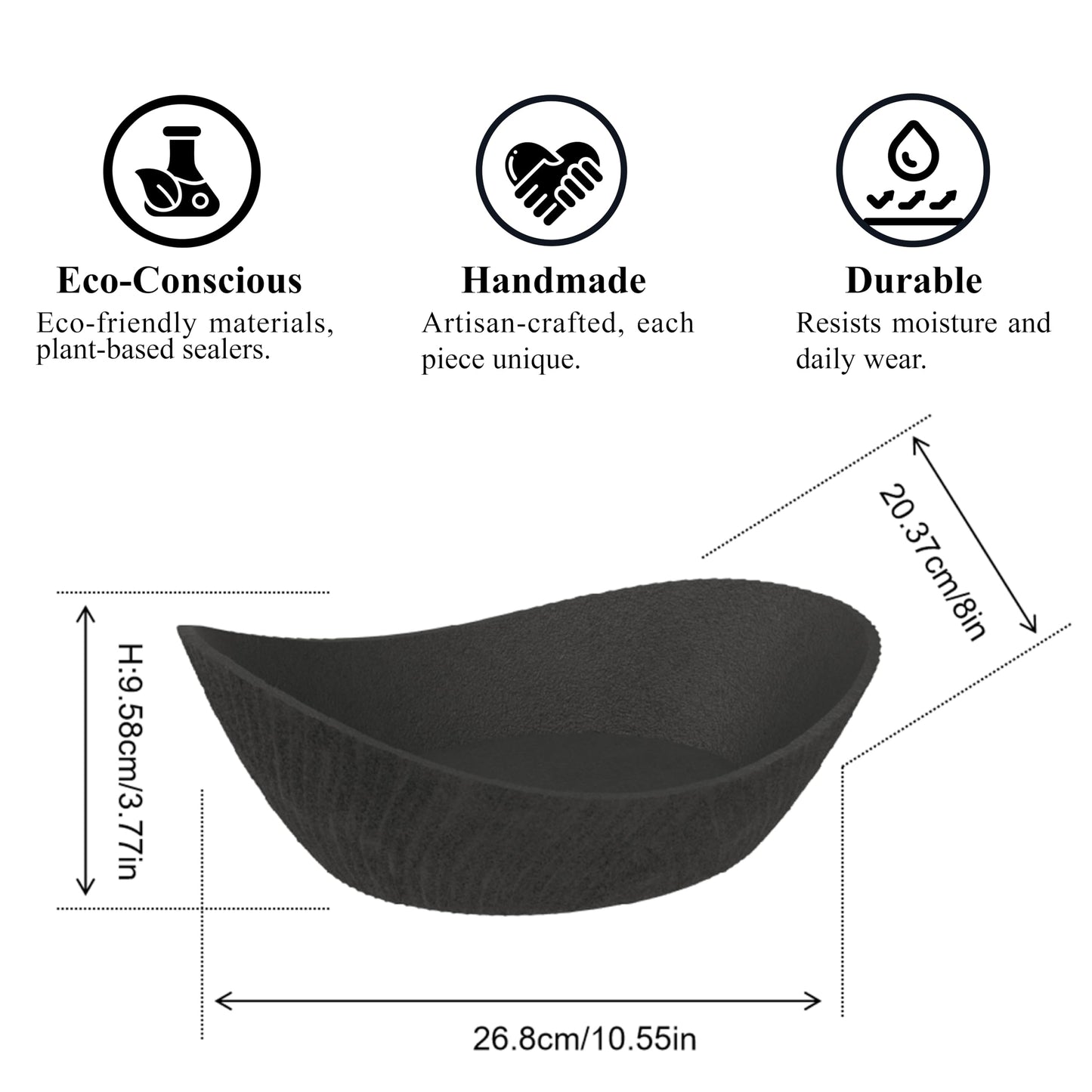 Concrete Fruit Bowl, Large Modern Meteorite Pattern Decorative Bowl for Kitchen Counter, Dining Table & Home Decor,Sturdy Centerpiece for Fruit, Keys, Candy, Unique Handmade Design (Black, 10.6")