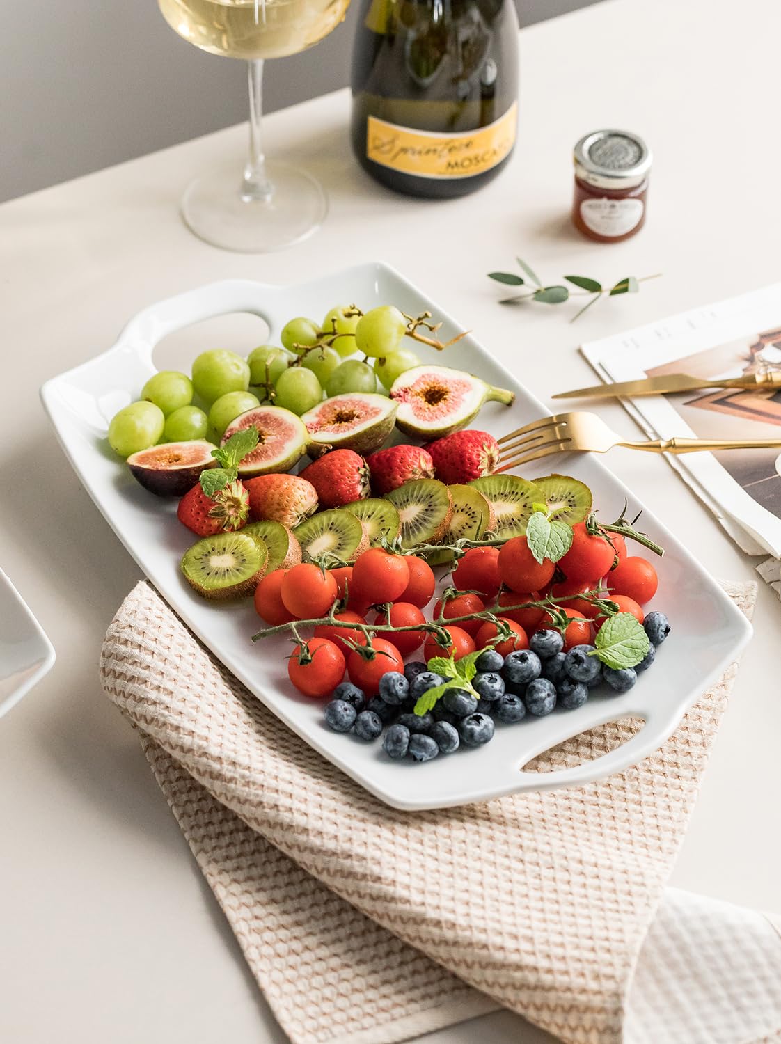 Turkey Serving Platter for Entertainment, Thanksgiving, Turkey, Serving Tray with Handles Large, Party, Display, LYEOBOH 16 inch Rectangle Porcelain Platters Set of 2, White