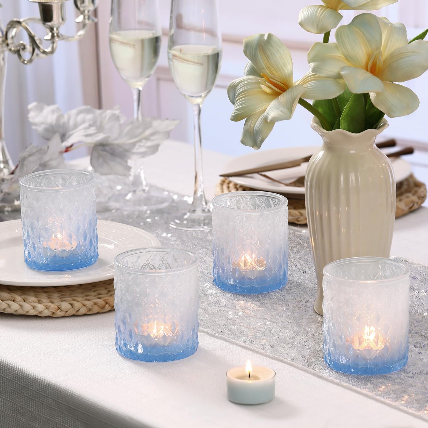 6 Pcs Blue Gradient Votive Candle Holders Glass Tea Light Candles Holder Light Blue Ombre Large Candle Holders for Bridal Shower, Wedding Table Centerpiece, Birthday Party Home Decor