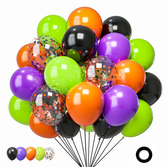 Halloween Balloons Set, 50Pcs 12Inch Black Orange Purple Green Balloons Kit, Black and Orange Latex Balloons for Birthday Halloween Party Decorations