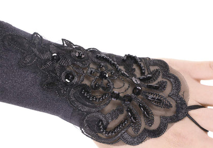 PENTA ANGEL 1920s Black Long Opera Gloves with Finger Loops Stretchy Fingerless Floral Embroidery Sequins Satin Evening Bridal Party Elbow Gloves for Women Theme Party Halloween Costume