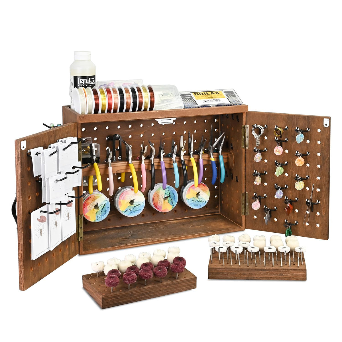 Ikee Design Wooden Pegboard Tool Organizer Box with Doors Wall Mount or Benchtop Jewelry Tool Storage with 40 Hooks & Bur Holders, Workshop Garage Craft Organizer Cabinet, Brown